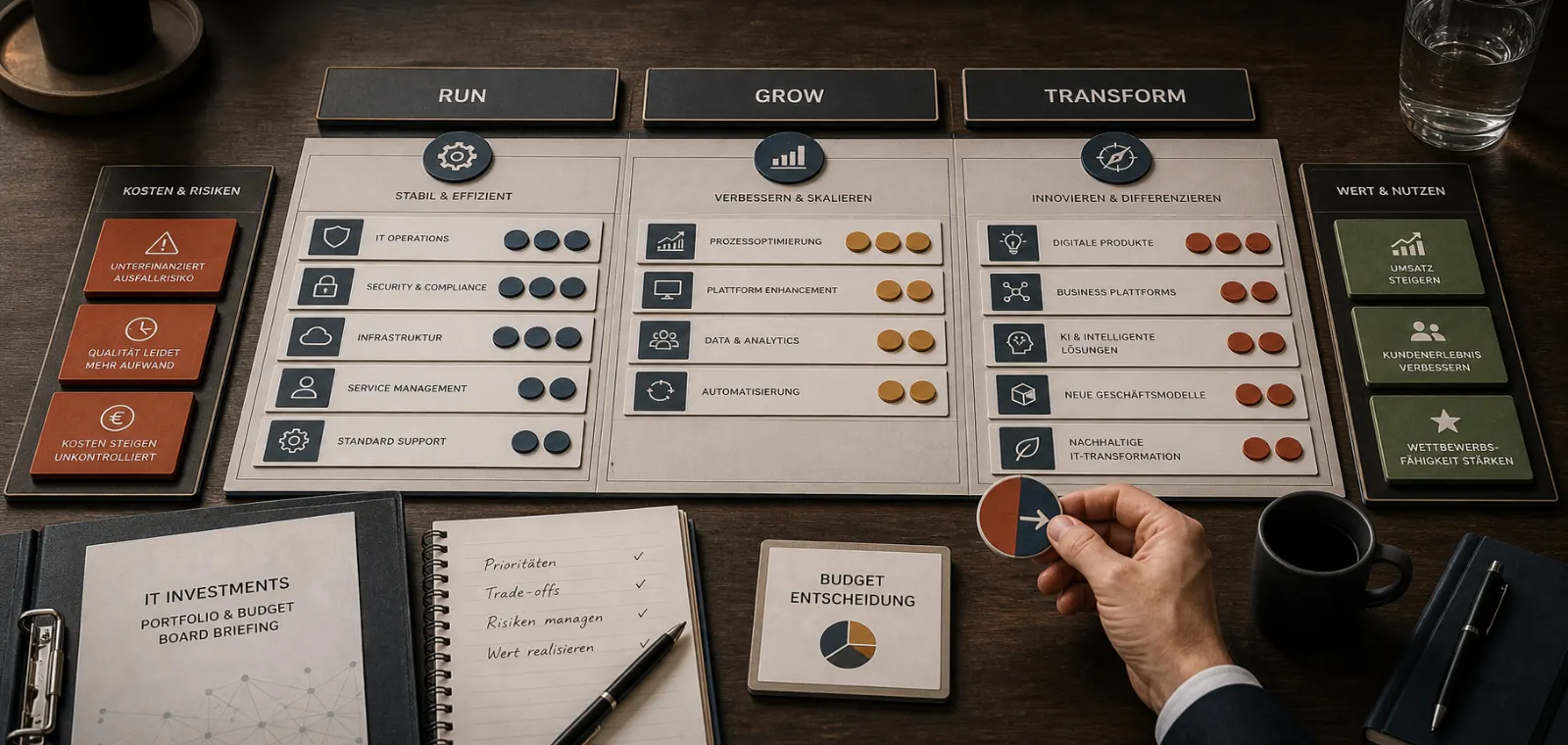 Das Run-Grow-Transform-Modell trennt Betriebspflicht, Verbesserungsnutzen und strategische Investitionen.